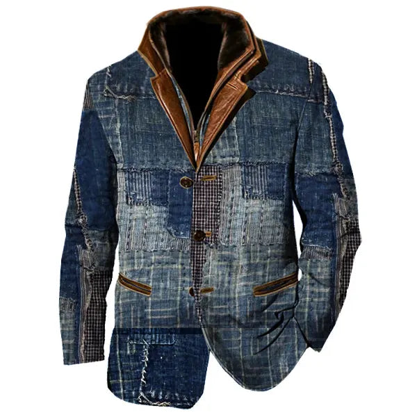 Patchwork Design Boro Print Men Vintage Fleece Blazer Double Layer Lapel Fur Leather Collar Medium Length Coats - 23499