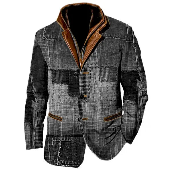 Patchwork Design Boro Print Men Vintage Fleece Blazer Double Layer Lapel Fur Leather Collar Medium Length Coats - 23499