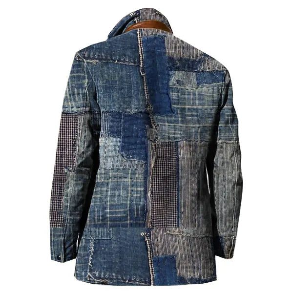 Patchwork Design Boro Print Men Vintage Fleece Blazer Double Layer Lapel Fur Leather Collar Medium Length Coats - 23499