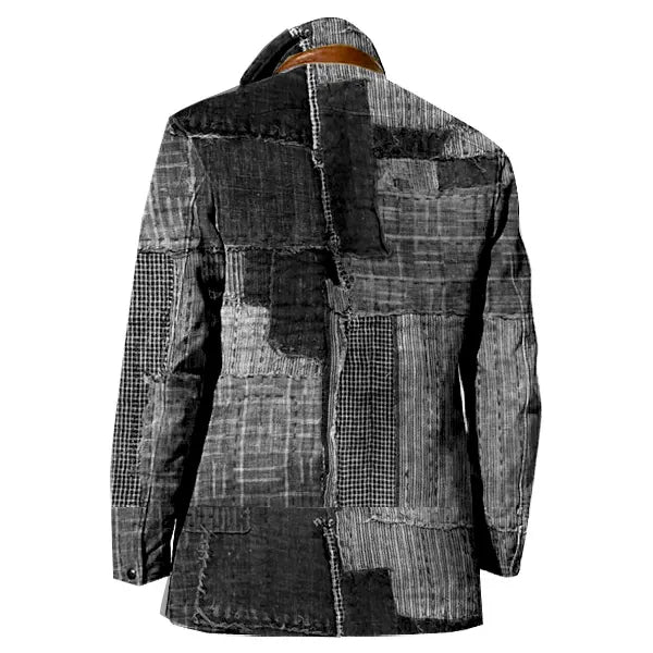 Patchwork Design Boro Print Men Vintage Fleece Blazer Double Layer Lapel Fur Leather Collar Medium Length Coats - 23499