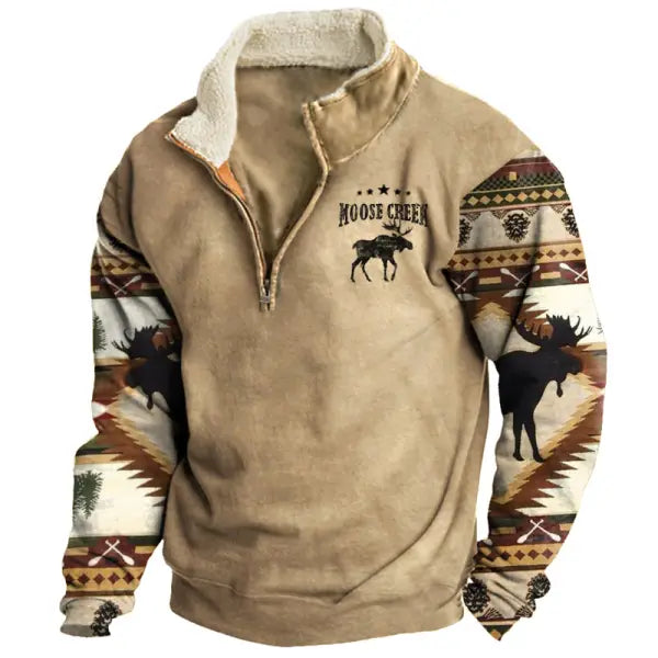 Men's Sweatshirt Retro Moose Creek Ethnic Print Plush Half Open Collar Pullover - 23501