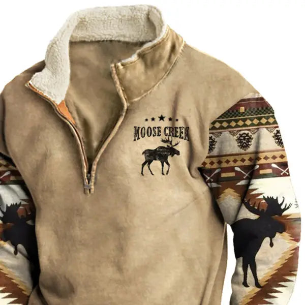 Men's Sweatshirt Retro Moose Creek Ethnic Print Plush Half Open Collar Pullover - 23501