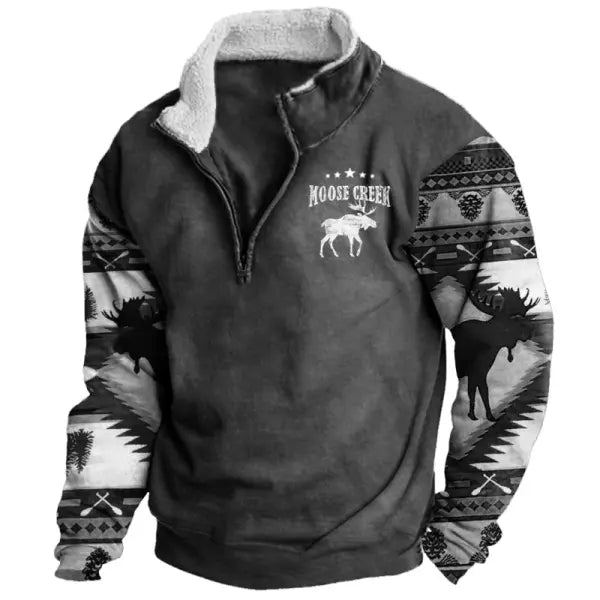 Men's Sweatshirt Retro Moose Creek Ethnic Print Plush Half Open Collar Pullover - 23501