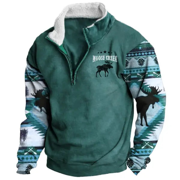 Men's Sweatshirt Retro Moose Creek Ethnic Print Plush Half Open Collar Pullover - 23501