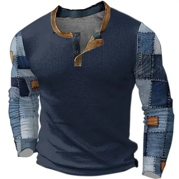 Plaid Patchwork Designer Print Retro Vintage Casual Men's 3D Henley Shirt Waffle T Shirt Sports Outdoor Long Sleeve Top - 23502