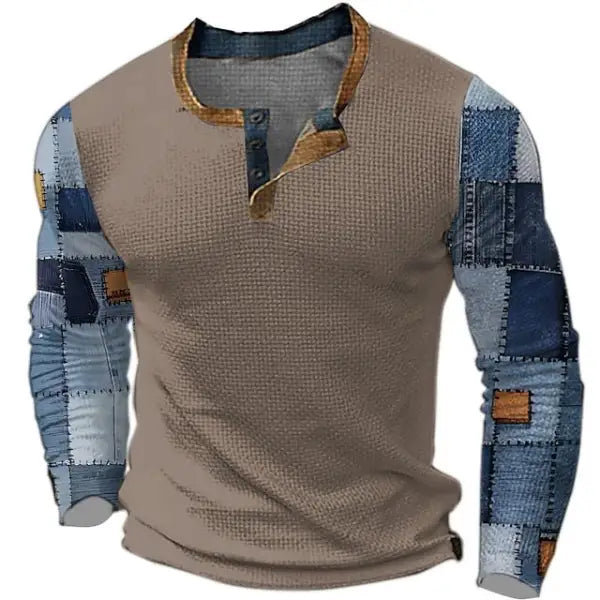 Plaid Patchwork Designer Print Retro Vintage Casual Men's 3D Henley Shirt Waffle T Shirt Sports Outdoor Long Sleeve Top - 23502