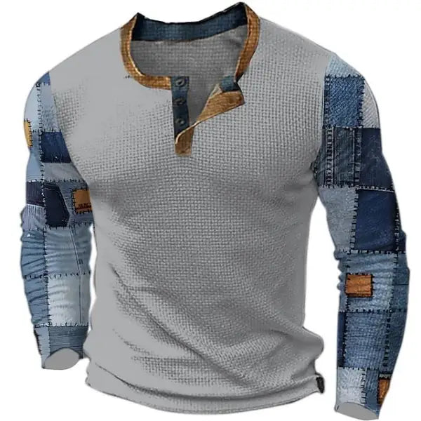 Plaid Patchwork Designer Print Retro Vintage Casual Men's 3D Henley Shirt Waffle T Shirt Sports Outdoor Long Sleeve Top - 23502