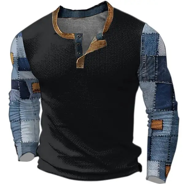 Plaid Patchwork Designer Print Retro Vintage Casual Men's 3D Henley Shirt Waffle T Shirt Sports Outdoor Long Sleeve Top - 23502