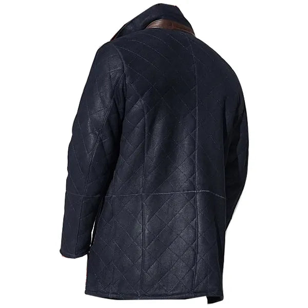 Men Vintage Quilted Leather Jacket Outdoor Zip Pocket Warmth Coat- 23504