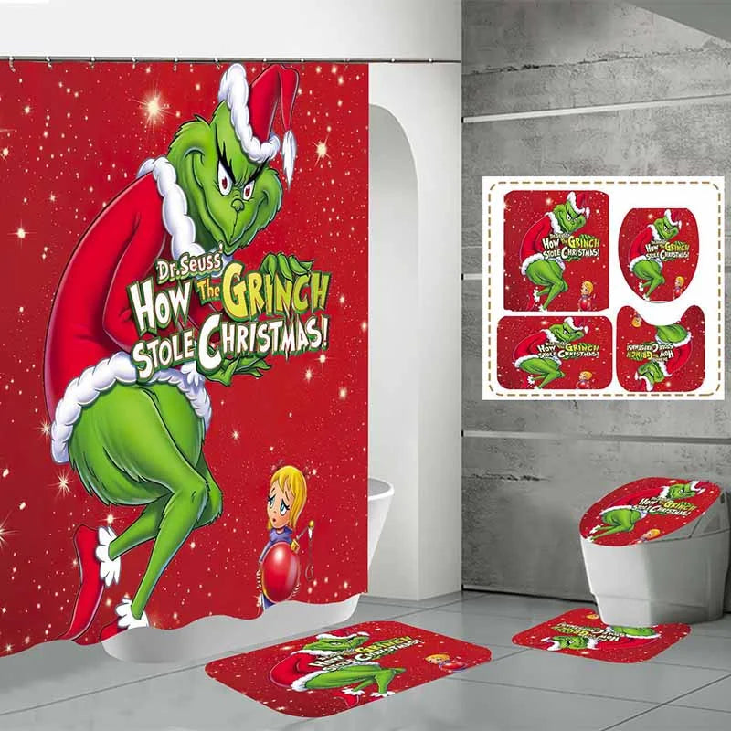 Christmas Green Furry Monster Bathroom Waterproof Partition Curtain 4-Piece Set - 23419