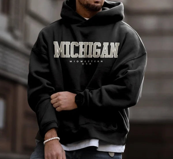 Men's Oversized Vintage Michigan USA Casual Hooded Sweatshirt - 23411