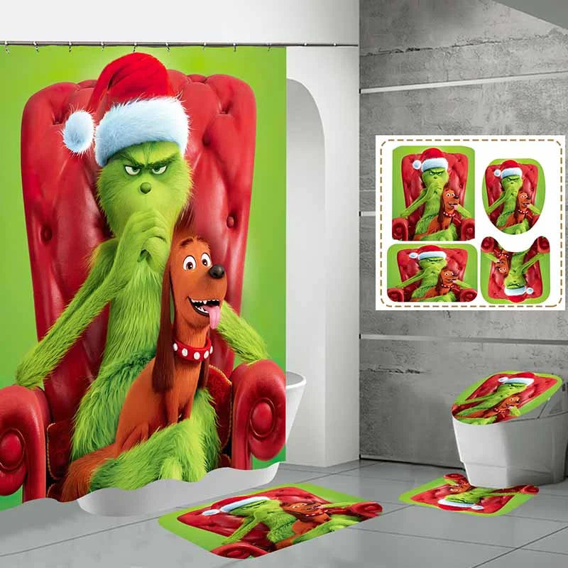 Christmas Green Furry Monster Bathroom Waterproof Partition Curtain 4-Piece Set - 23429