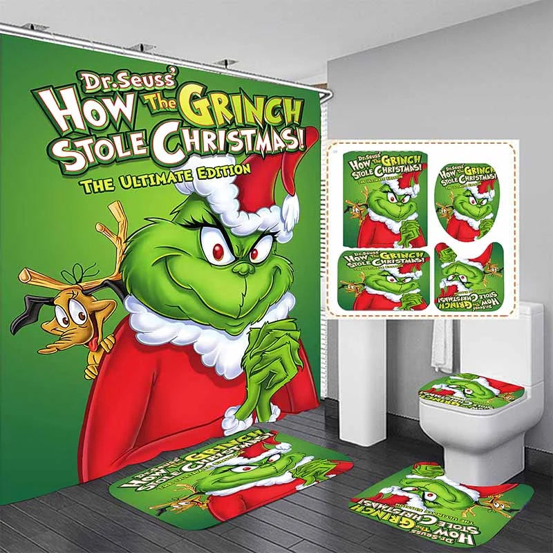 Christmas Green Furry Monster Bathroom Waterproof Partition Curtain 4-Piece Set - 23420