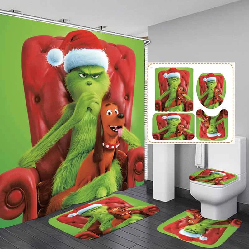 Christmas Green Furry Monster Bathroom Waterproof Partition Curtain 4-Piece Set - 23429