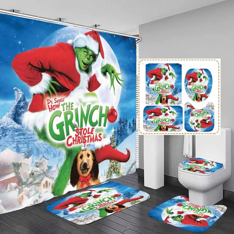 Christmas Green Furry Monster Bathroom Waterproof Partition Curtain 4-Piece Set - 23426