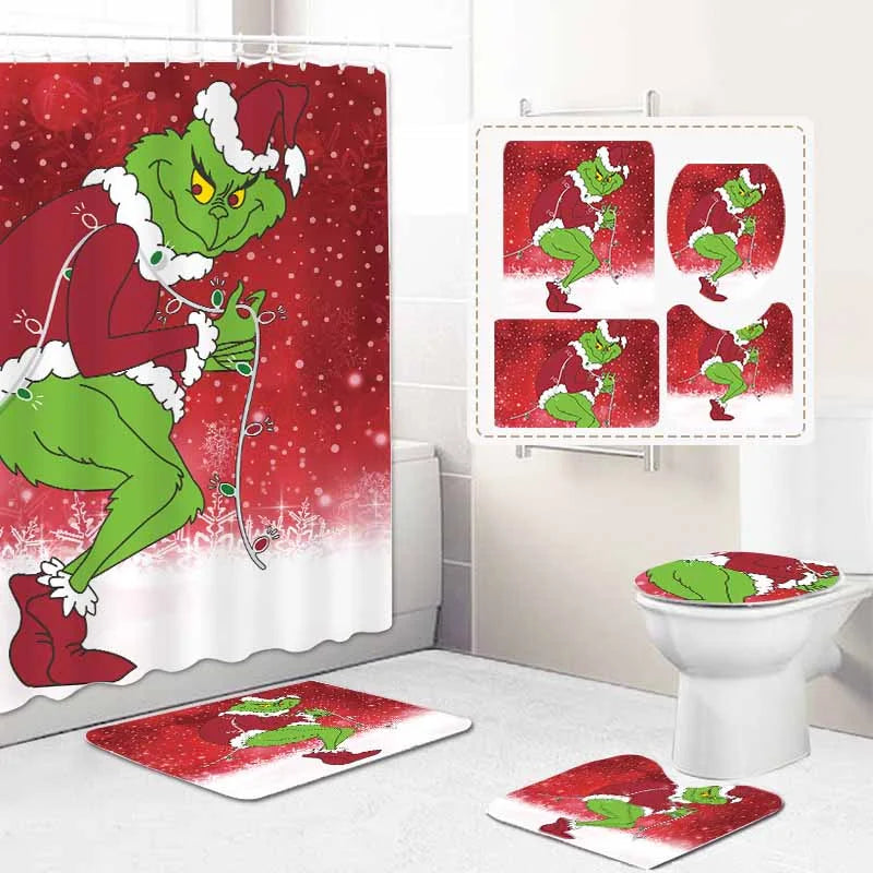 Christmas Green Furry Monster Bathroom Waterproof Partition Curtain 4-Piece Set - 23422