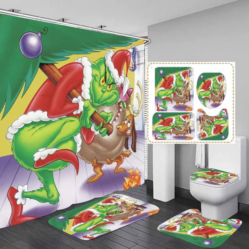 Christmas Green Furry Monster Bathroom Waterproof Partition Curtain 4-Piece Set - 23430