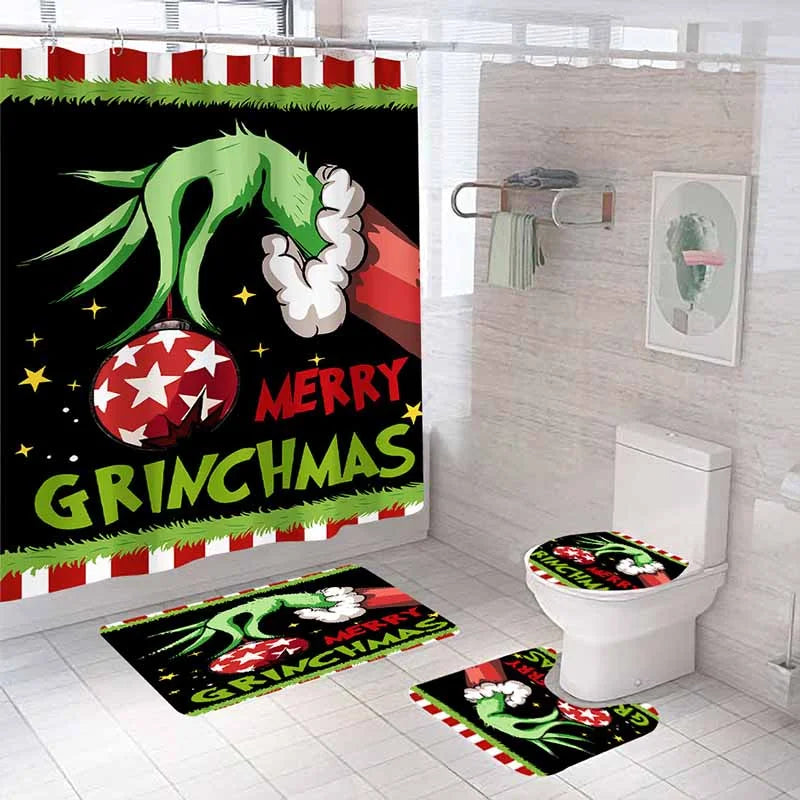 Christmas Green Furry Monster Bathroom Waterproof Partition Curtain 4-Piece Set - 23432