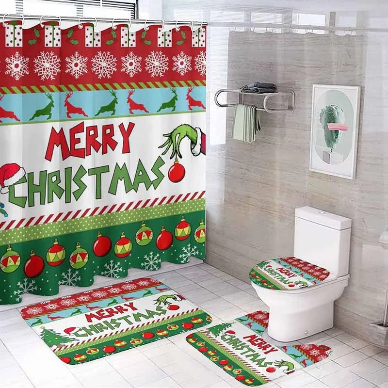 Christmas Green Furry Monster Bathroom Waterproof Partition Curtain 4-Piece Set - 23428