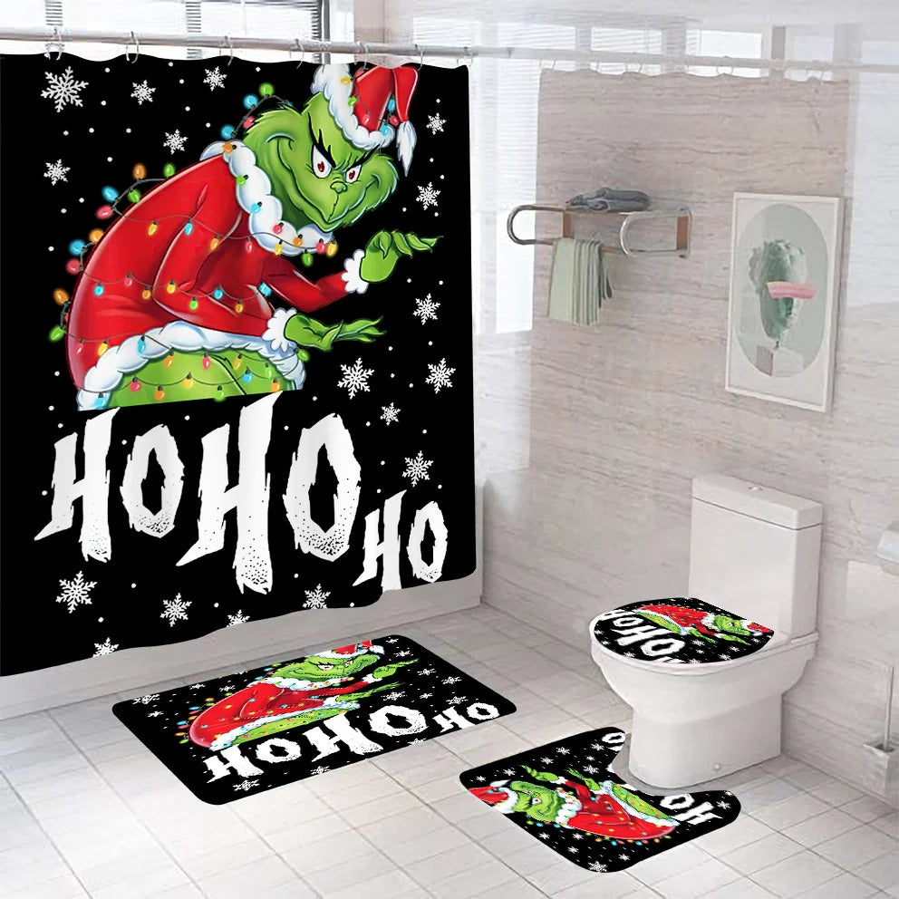 Christmas Green Furry Monster Bathroom Waterproof Partition Curtain 4-Piece Set - 23421