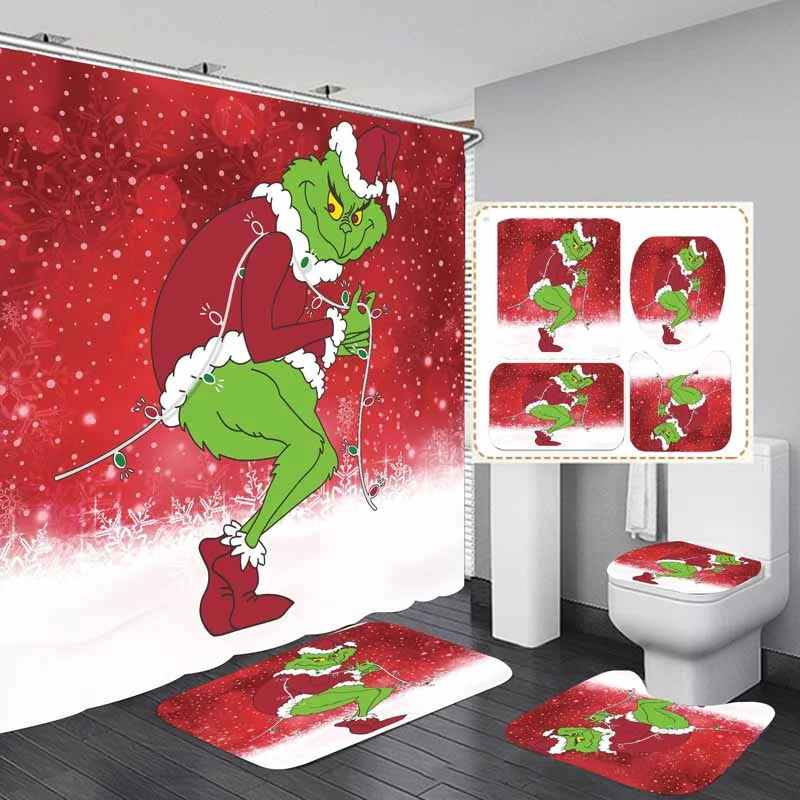 Christmas Green Furry Monster Bathroom Waterproof Partition Curtain 4-Piece Set - 23422