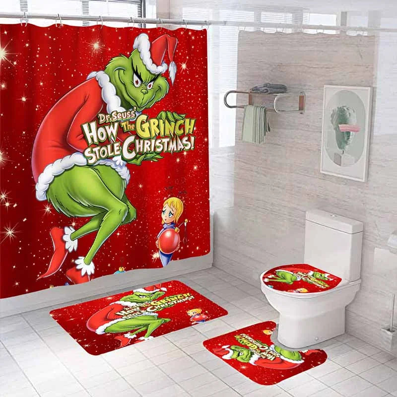 Christmas Green Furry Monster Bathroom Waterproof Partition Curtain 4-Piece Set - 23419