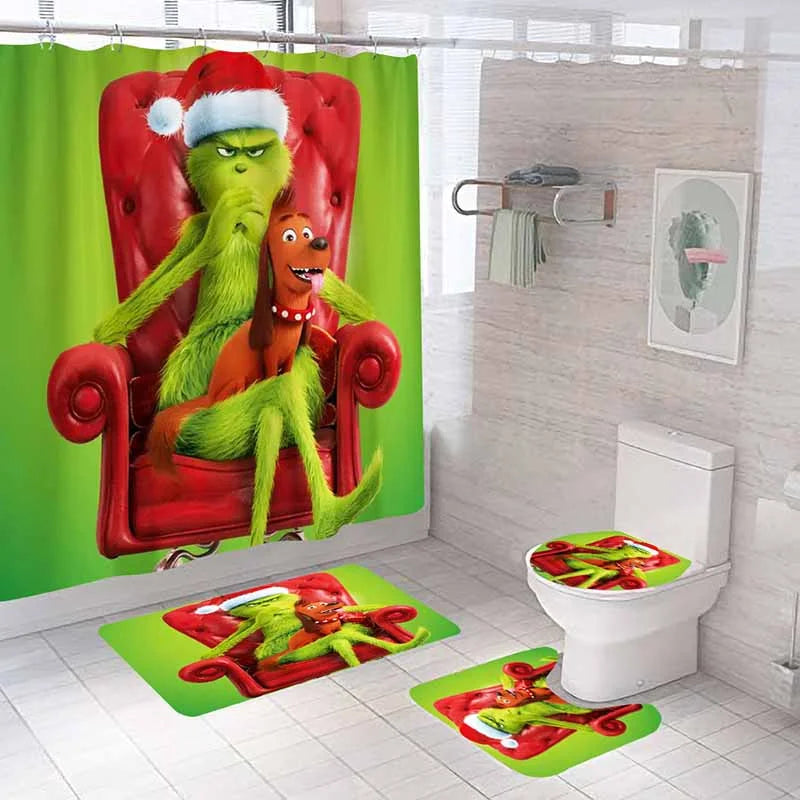 Christmas Green Furry Monster Bathroom Waterproof Partition Curtain 4-Piece Set - 23429