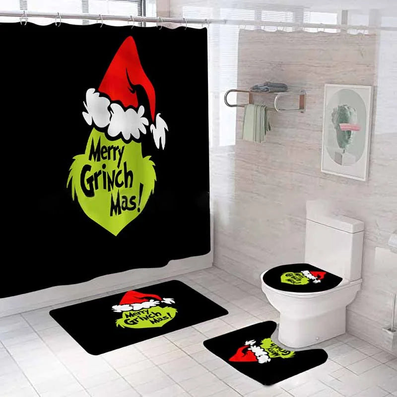 Christmas Green Furry Monster Bathroom Waterproof Partition Curtain 4-Piece Set - 23417