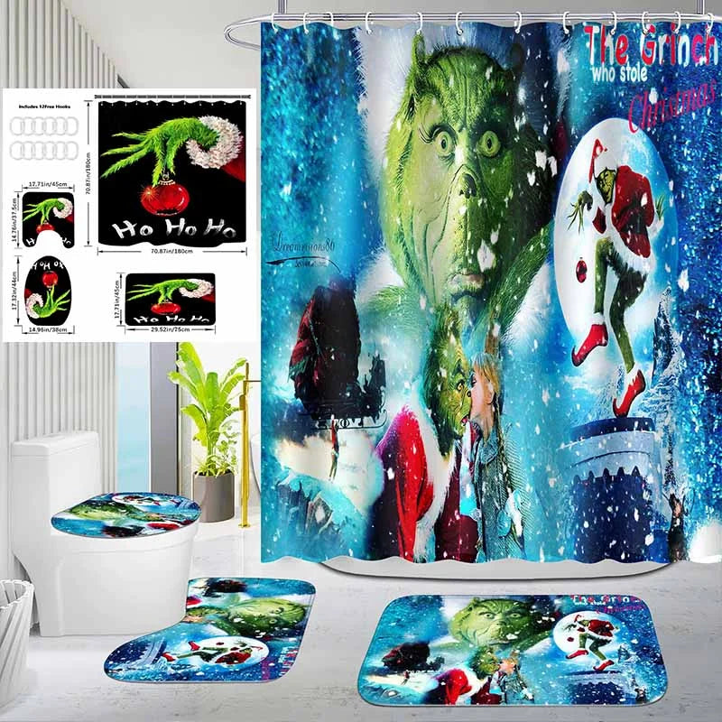 Christmas Green Furry Monster Bathroom Waterproof Partition Curtain 4-Piece Set - 23440