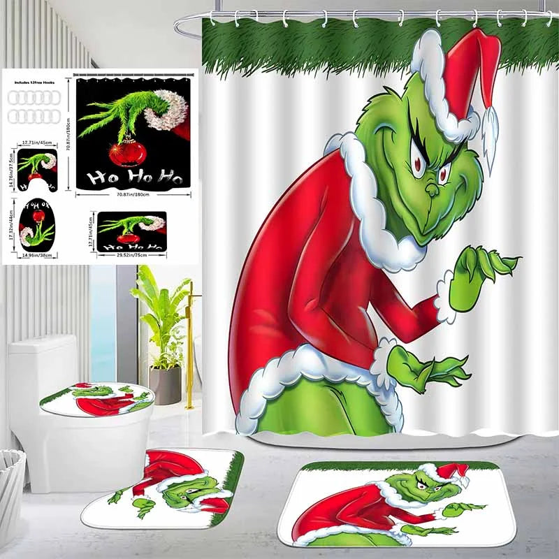 Christmas Green Furry Monster Bathroom Waterproof Partition Curtain 4-Piece Set - 23431