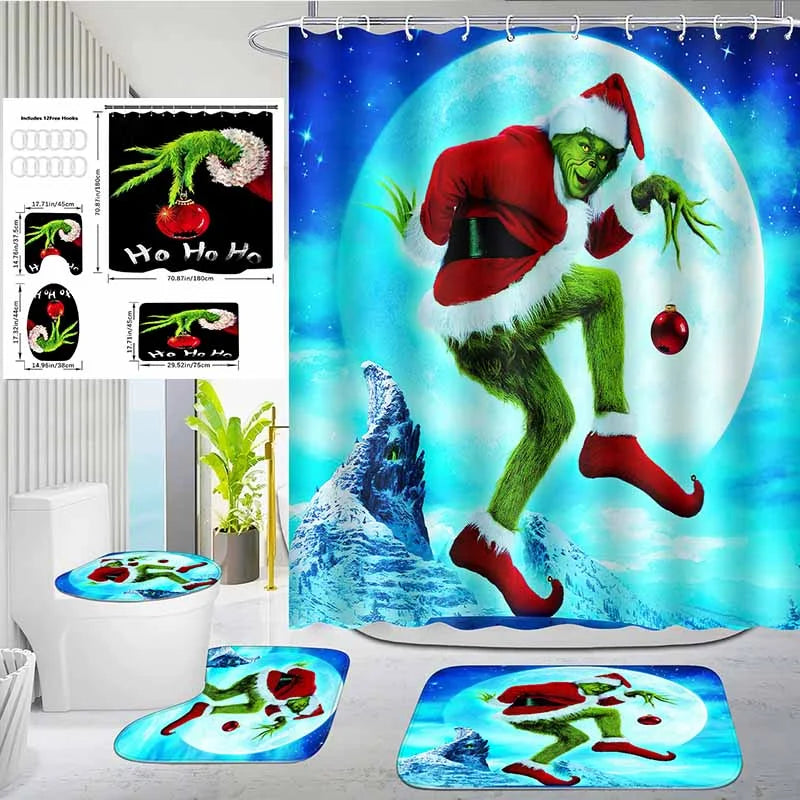 Christmas Green Furry Monster Bathroom Waterproof Partition Curtain 4-Piece Set - 23435