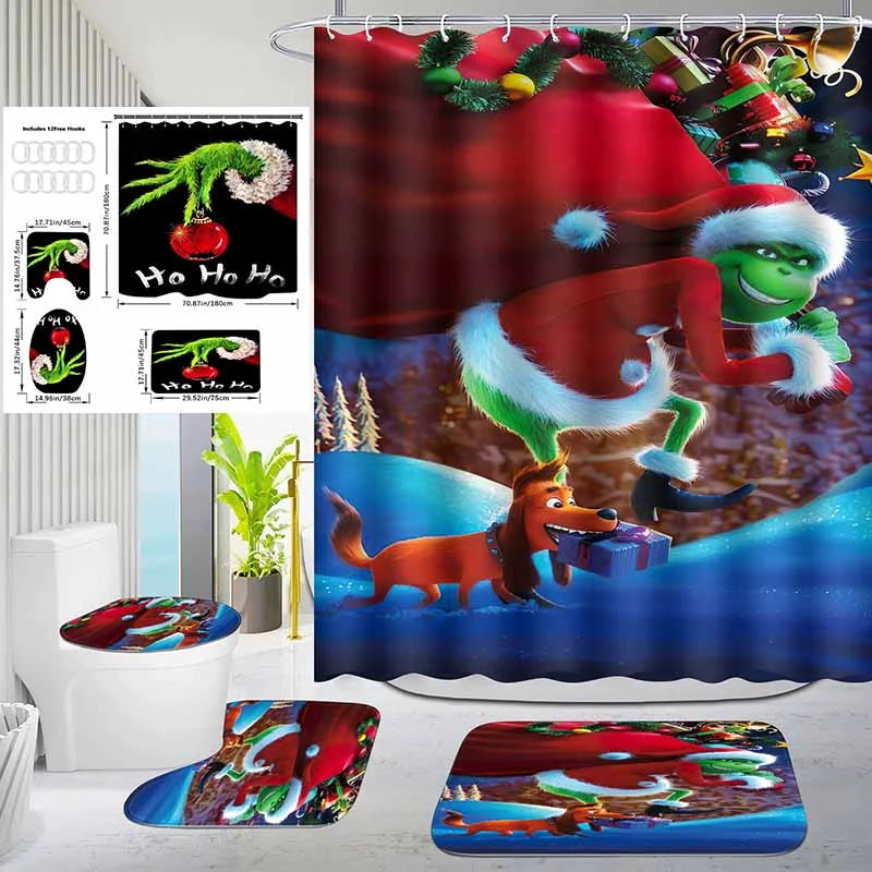 Christmas Green Furry Monster Bathroom Waterproof Partition Curtain 4-Piece Set - 23437