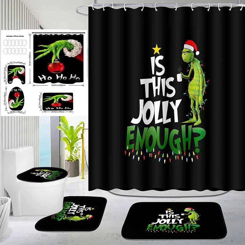 Christmas Green Furry Monster Bathroom Waterproof Partition Curtain 4-Piece Set - 23436