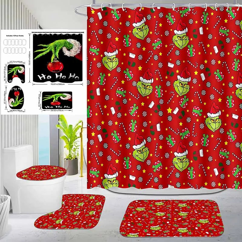 Christmas Green Furry Monster Bathroom Waterproof Partition Curtain 4-Piece Set - 23441