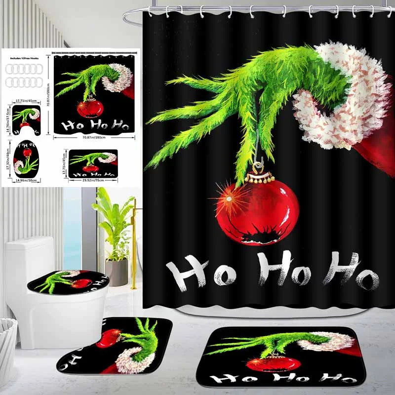 Christmas Green Furry Monster Bathroom Waterproof Partition Curtain 4-Piece Set - 23427