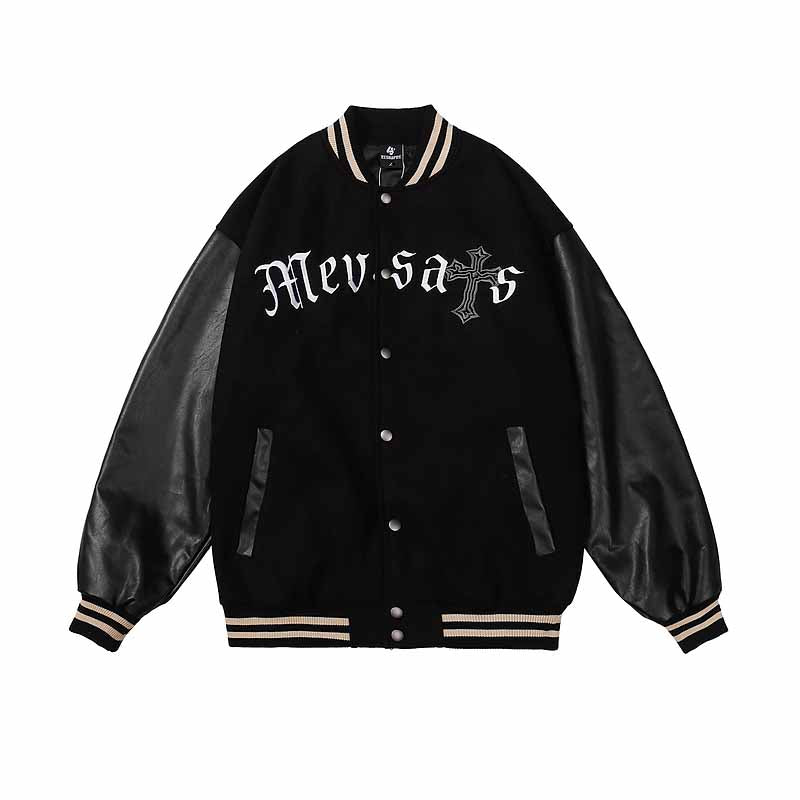 American Hip Hop Embroidered Color Block Baseball Jacket - 23127