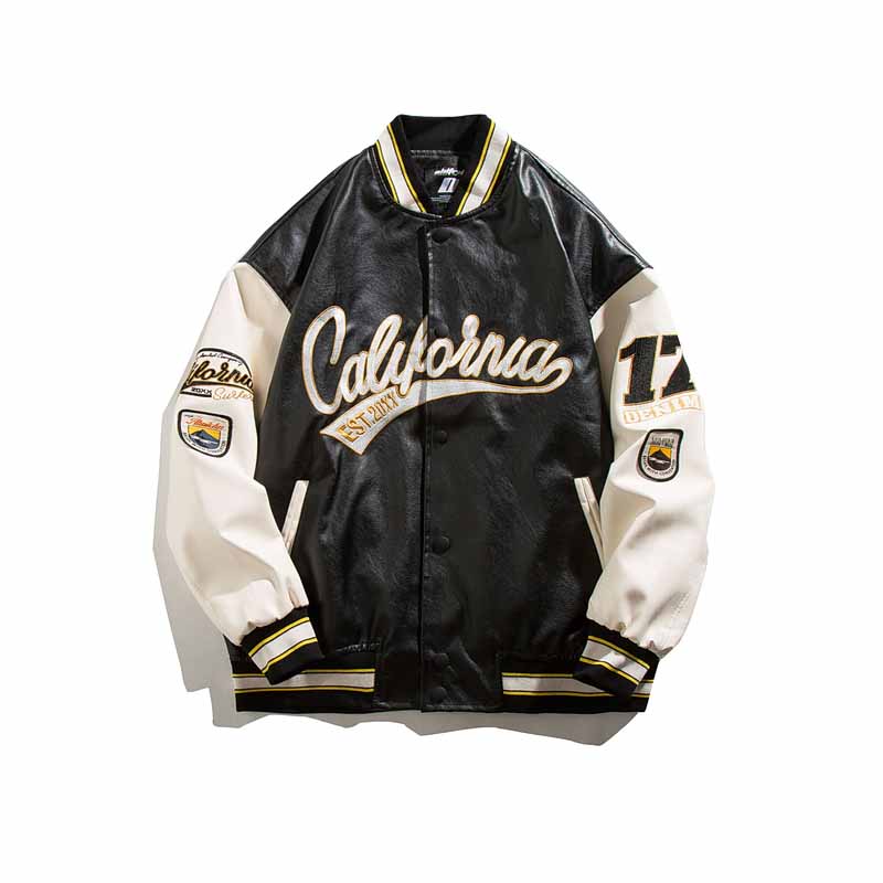 American Street Hip Hop Embroidered PU Leather Baseball Jacket - 23124