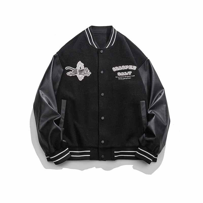 European And American Hip-Hop Embroidered PU Leather Patchwork Baseball Jacket - 23132