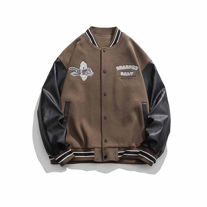 European And American Hip-Hop Embroidered PU Leather Patchwork Baseball Jacket - 23132