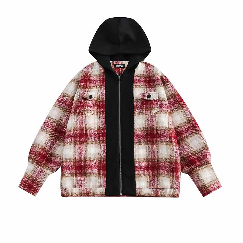 American Retro Plaid Fake Two Piece Hooded Jacket - 23119