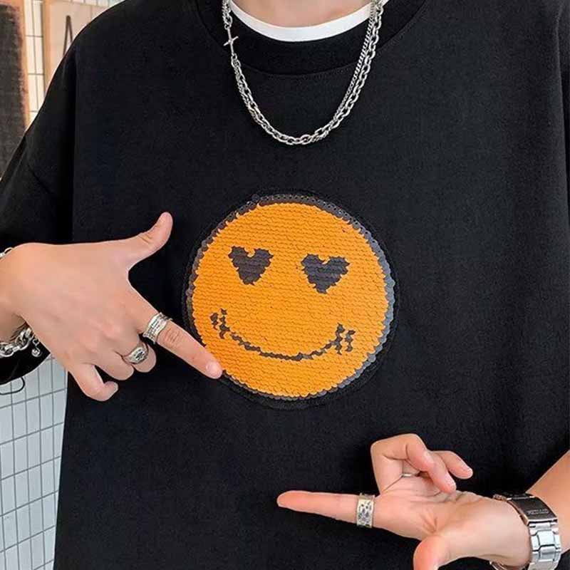 Street Hip Hop Barbell Design Sequin Color Changing Smiley Face T-shirt - 23135