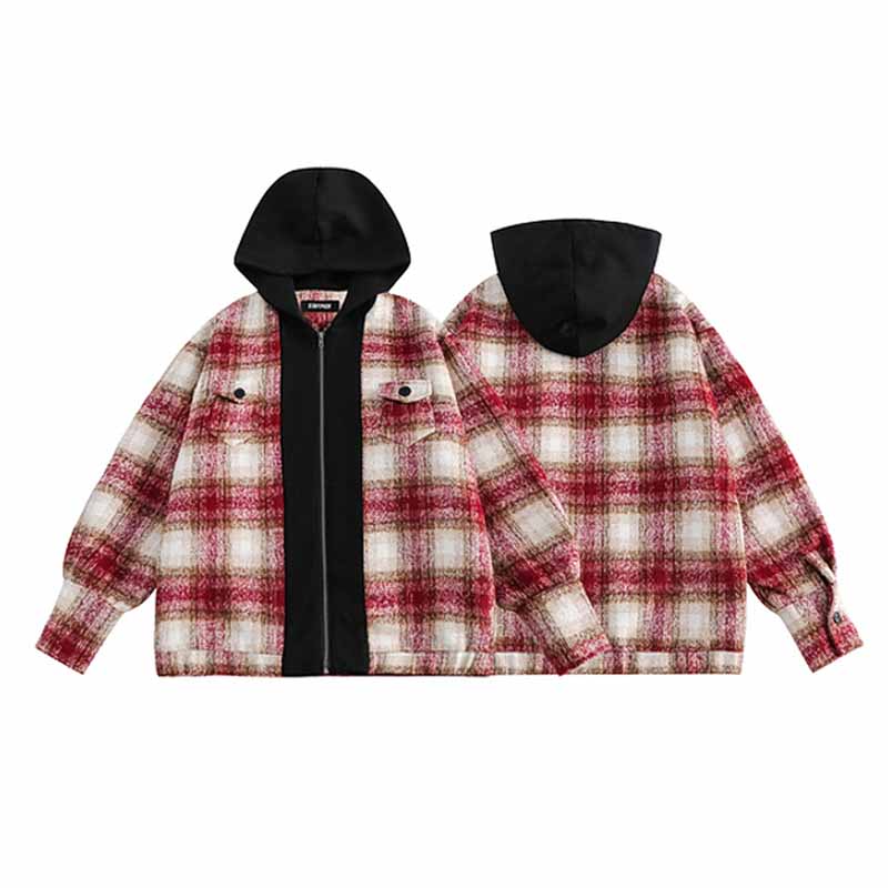 American Retro Plaid Fake Two Piece Hooded Jacket - 23119