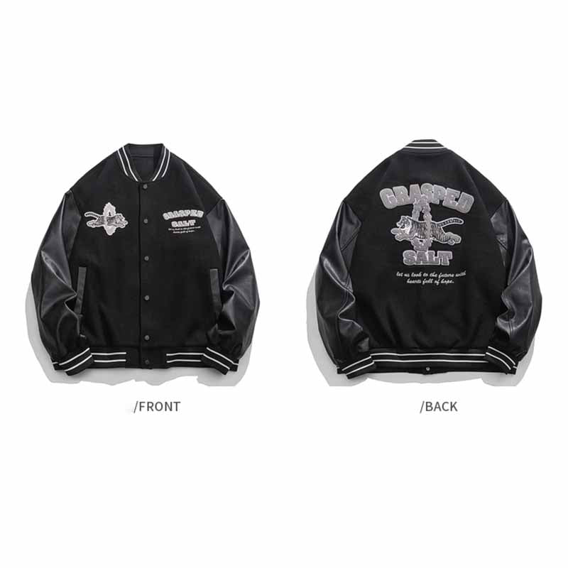 European And American Hip-Hop Embroidered PU Leather Patchwork Baseball Jacket - 23132