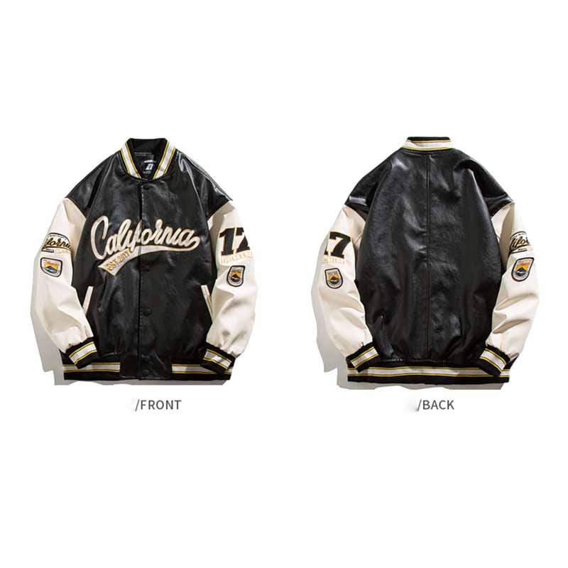 American Street Hip Hop Embroidered PU Leather Baseball Jacket - 23124