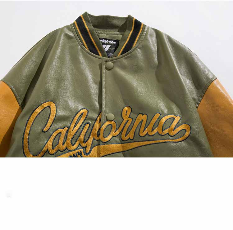 American Street Hip Hop Embroidered PU Leather Baseball Jacket - 23124