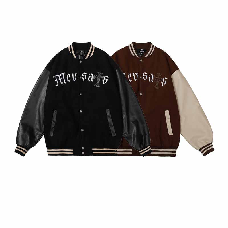 American Hip Hop Embroidered Color Block Baseball Jacket - 23127