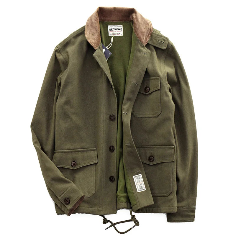 Men's Retro Khaki Green Military Style Multi-Pocket Jacket - 23319