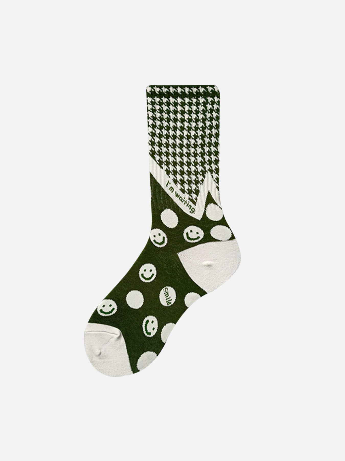 Thousand Birds Check Smiley Face Mid-calf Cotton Socks - 2373