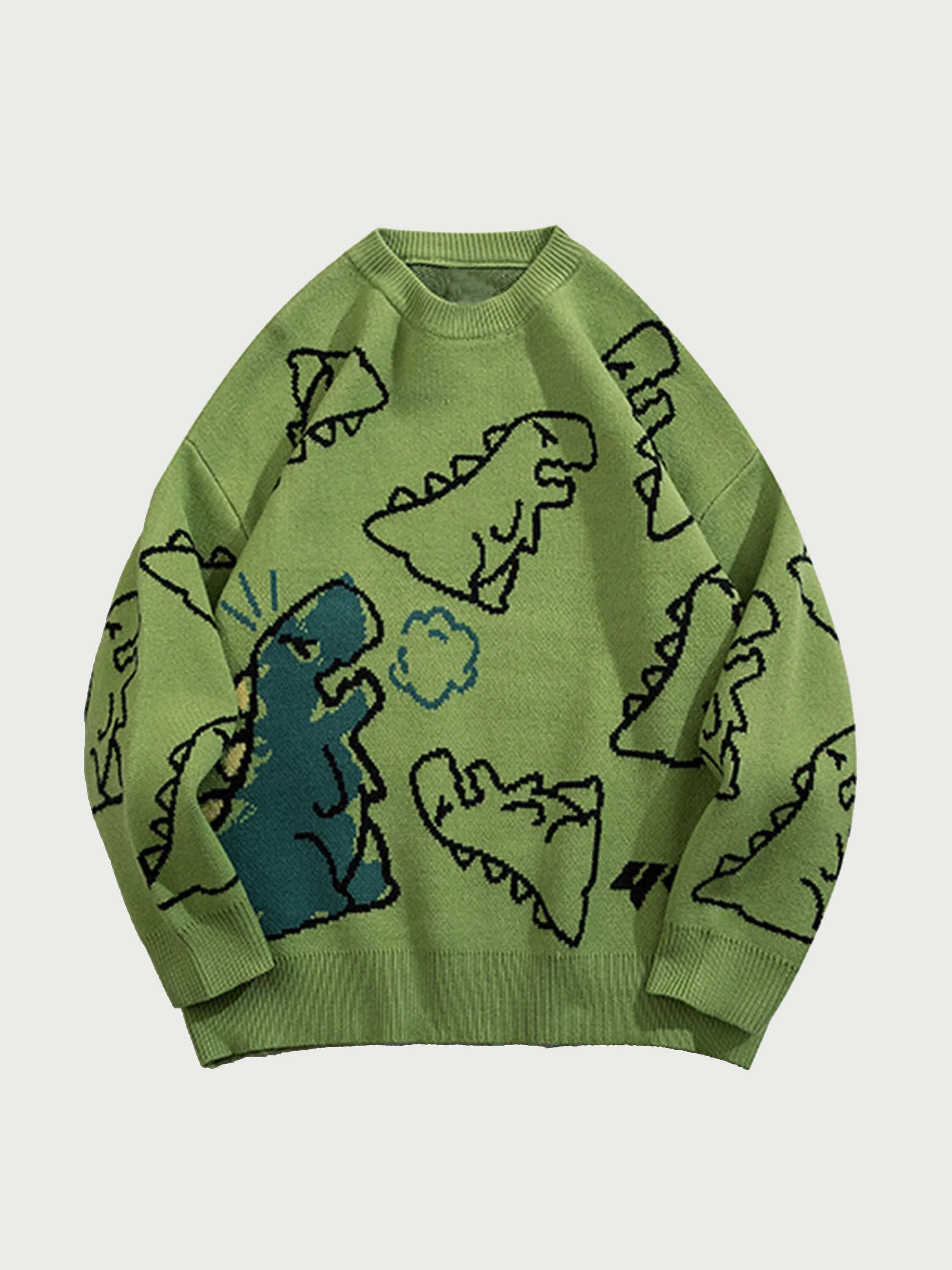 Street Cartoon Dinosaur Full Printed Sweater-2225