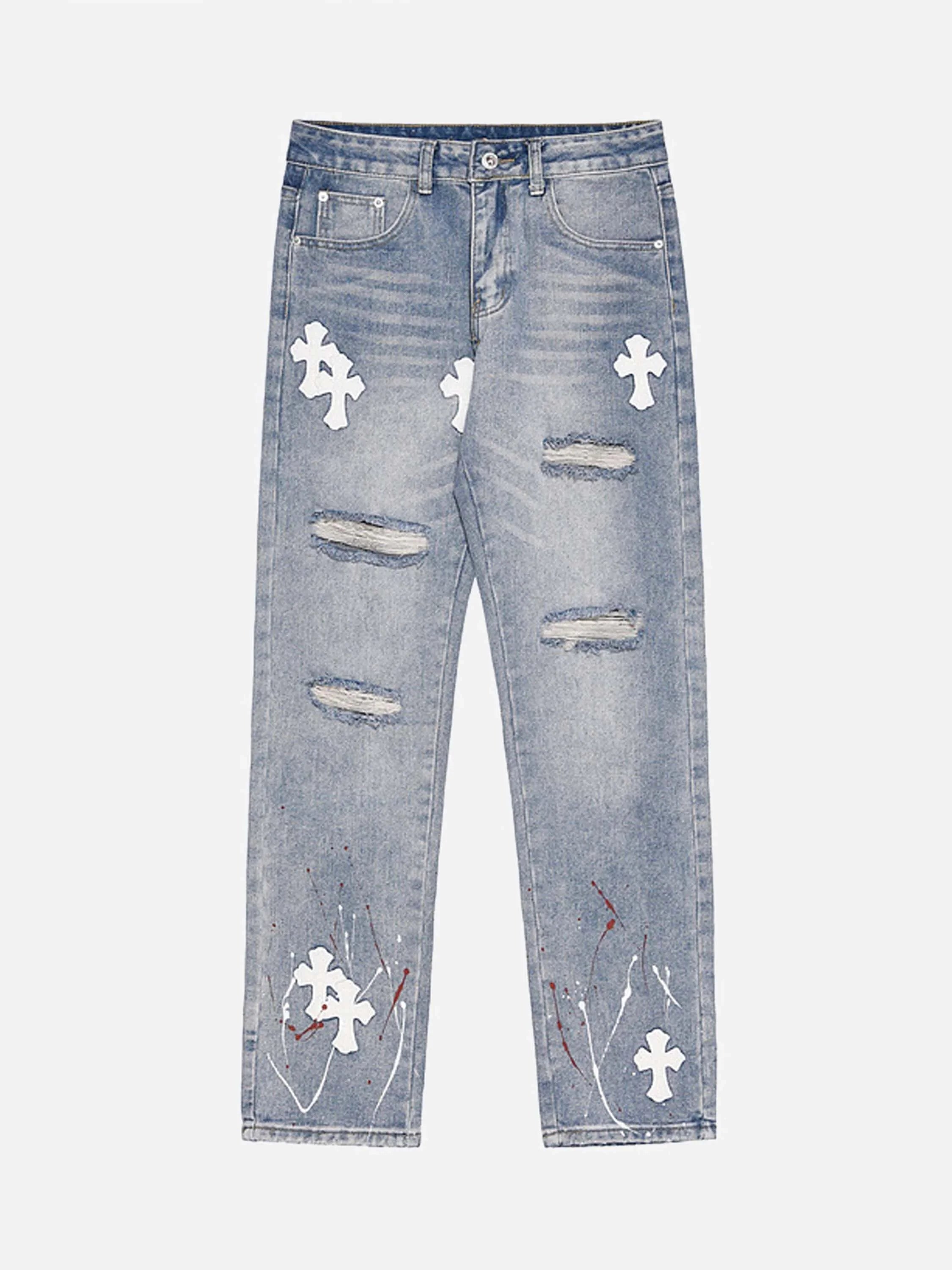 High Street Cross Hole Splash Ink Straight Loose-fitting Jeans-2233